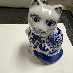 Blue and White Ceramic Cat Figurine
